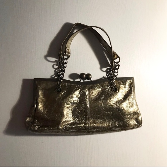 Vintage Steve Madden Metallic Gold Bronze Chain Handle Kiss Lock Leather Purse - Picture 2 of 6